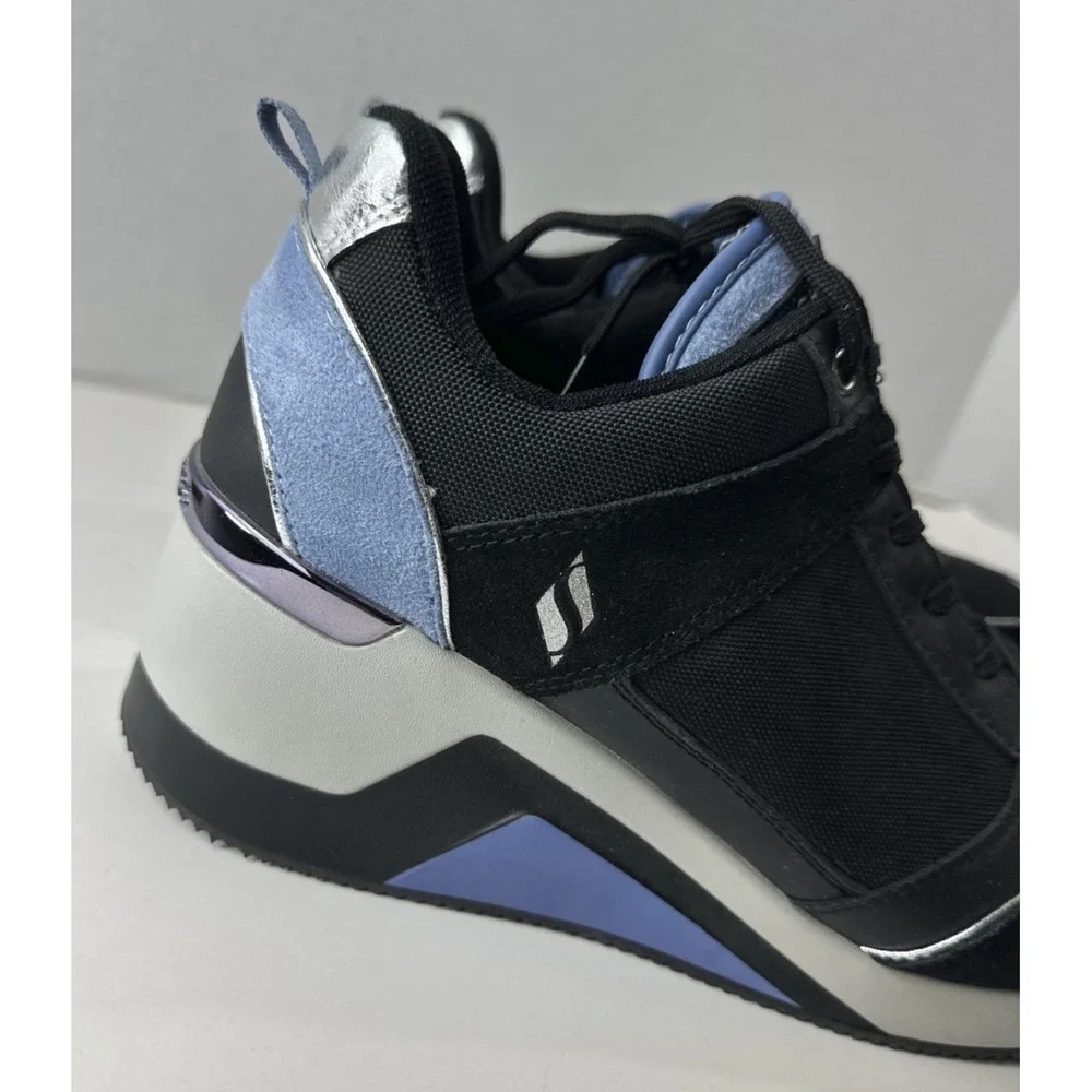 Skechers Million High N Fly Wedge Sneakers Women's Size 11 Black Blue Lace Shoes - Picture 10 of 15